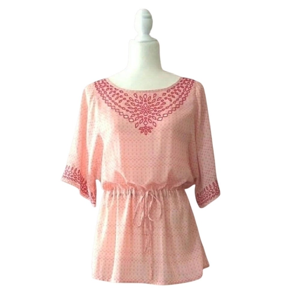 One September embroidered pink coral drawstring waist tunic top women's size S